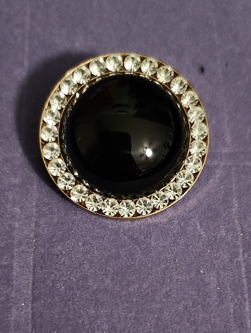 Vintage Gold-Tone Black Cabochon & Clear Crystal Halo Brooch
